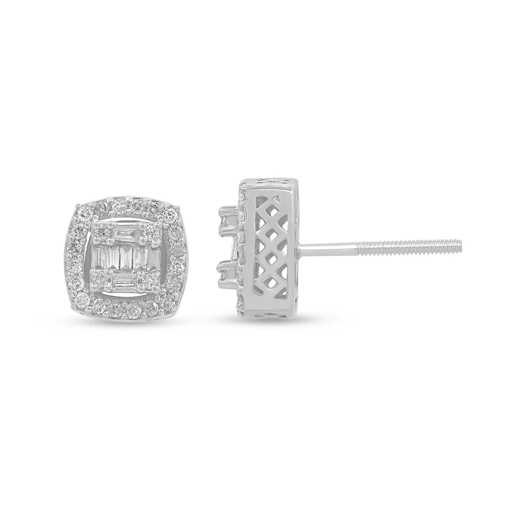 <span>DIAMOND CLOSEOUT! </span>.40ct G SI 10K White Gold Round & Baguette Diamond Square Stud Earrings