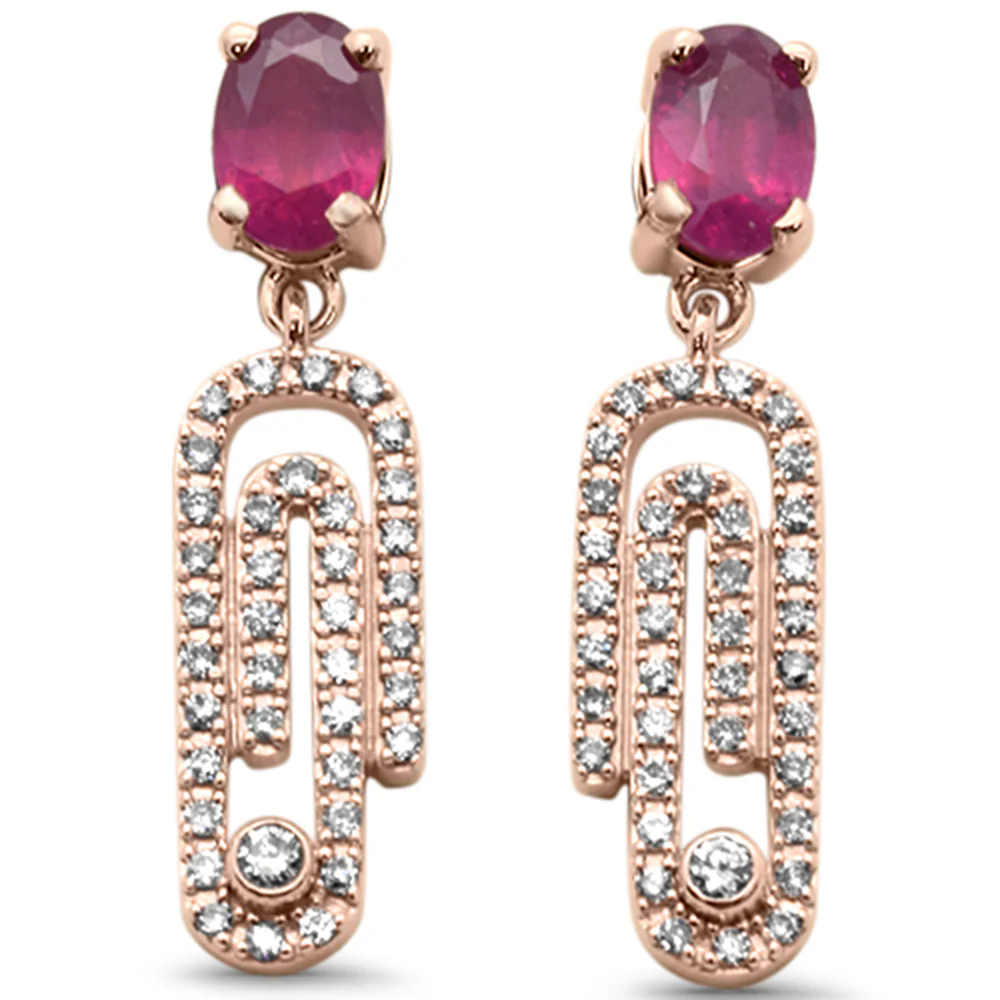<span>GEMSTONE CLOSEOUT! </span> 1.85ct G SI 14K Rose Gold Ruby Gemstone & Diamond Drop Dangle Paperclip Earrings