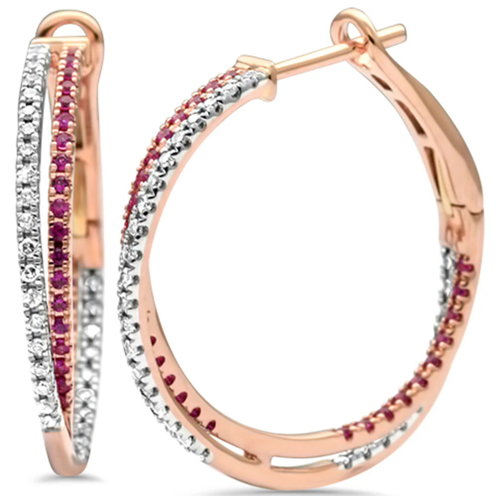 <span>GEMSTONE CLOSEOUT! </span> .34ct G SI 14K Rose Gold Ruby & Diamond Gemstone Hoop Earrings