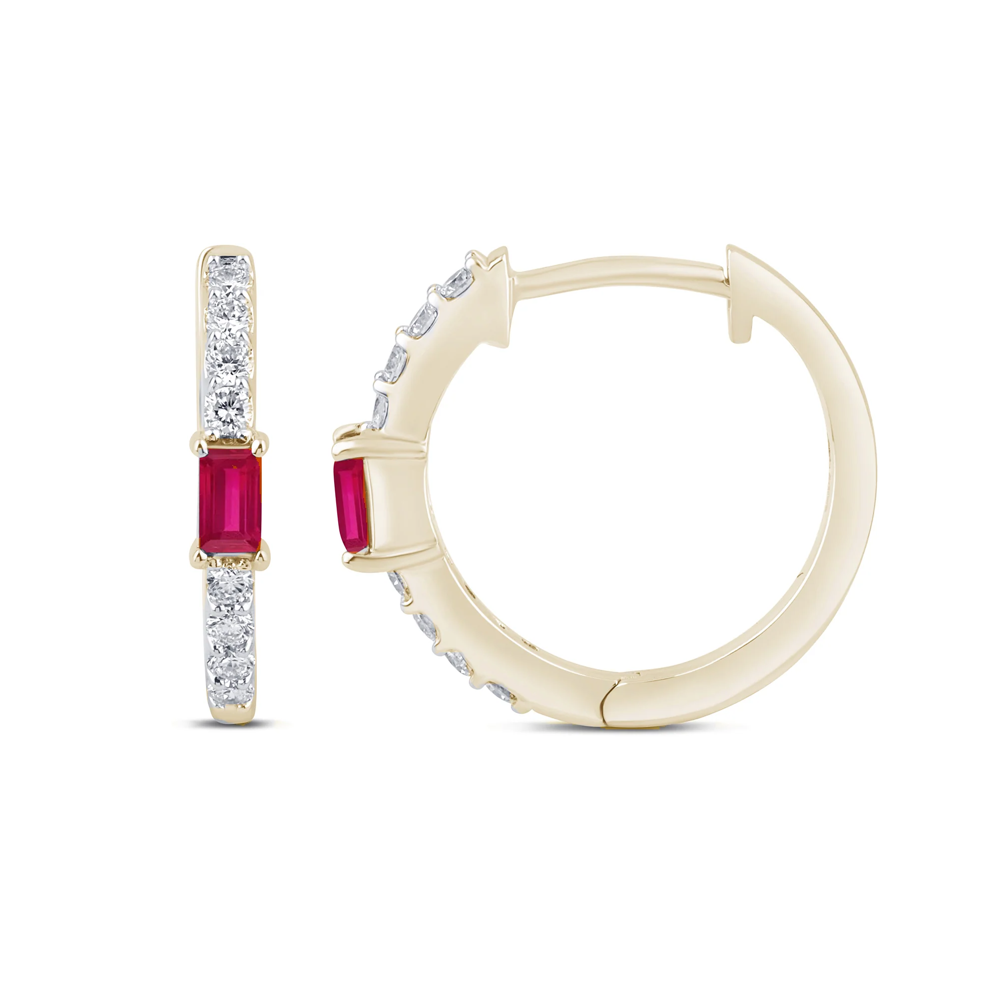 <span style="color:purple">SPECIAL!</span> .49ct G SI 14K Yellow Gold Diamond & Baguette Ruby Gemstone Hoop Post & Click Earings