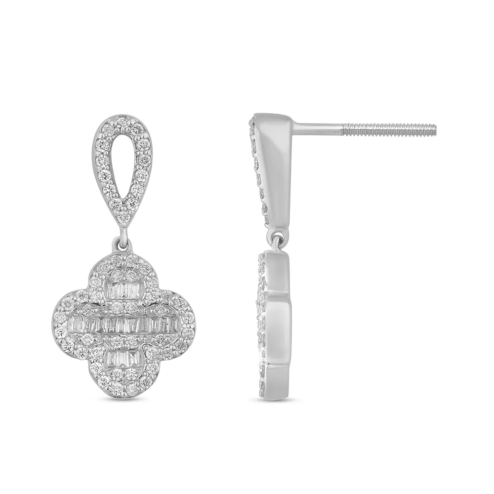 <span>DIAMOND CLOSEOUT! </span> .70ct G SI 14K White Gold Diamond Round & Baguette Clover Drop Earrings