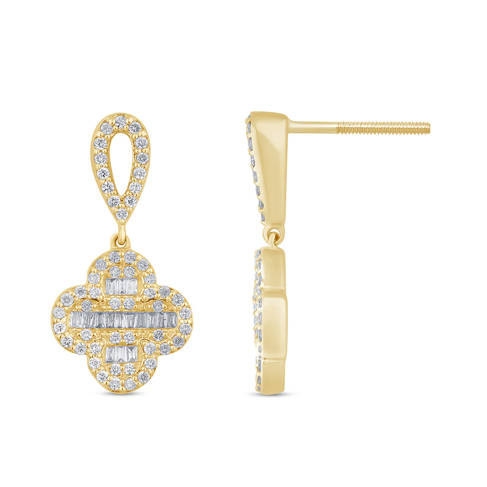 <span>DIAMOND CLOSEOUT! </span> .69ct G SI 14K Yellow Gold Diamond Round & Baguette Clover Drop Earrings