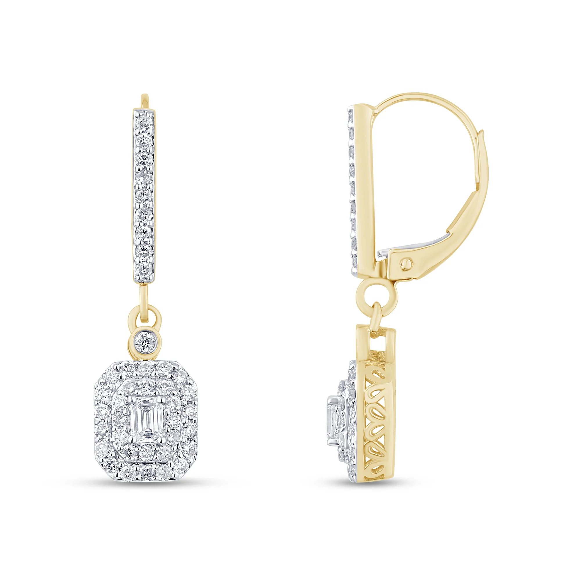 <span>DIAMOND CLOSEOUT! </span> .78ct G SI 14K Yellow Gold Diamond Round & Baguette Dangle Earrings