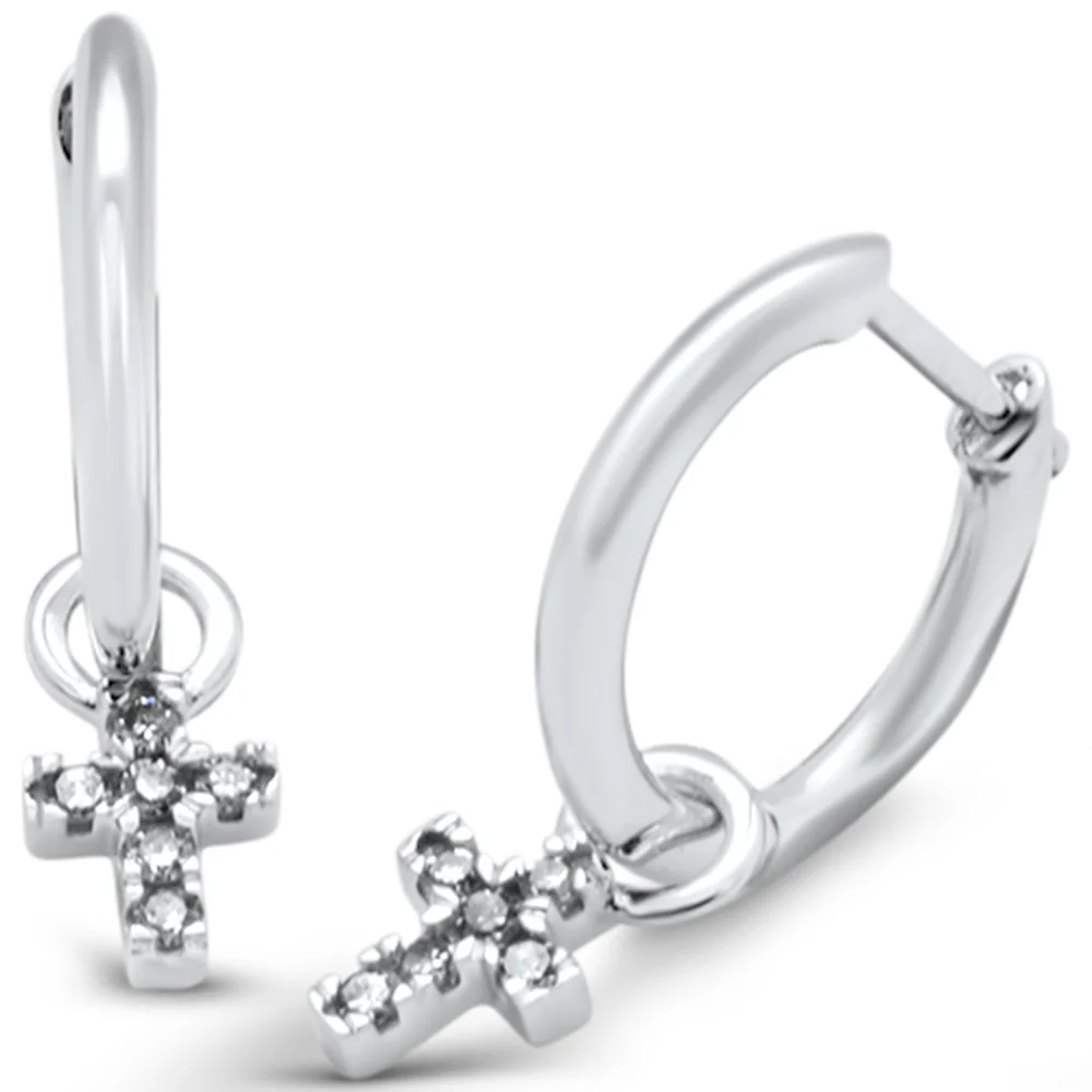 <span style="color:purple">SPECIAL!</span> .12ct G SI 14K White Gold Diamond Dangling Cross Hoop Earrings
