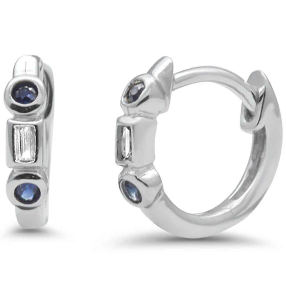 .10ct G SI 14K White Gold Diamond & Blue Sapphire Gemstone Petite Hoop Earrings Post & Click