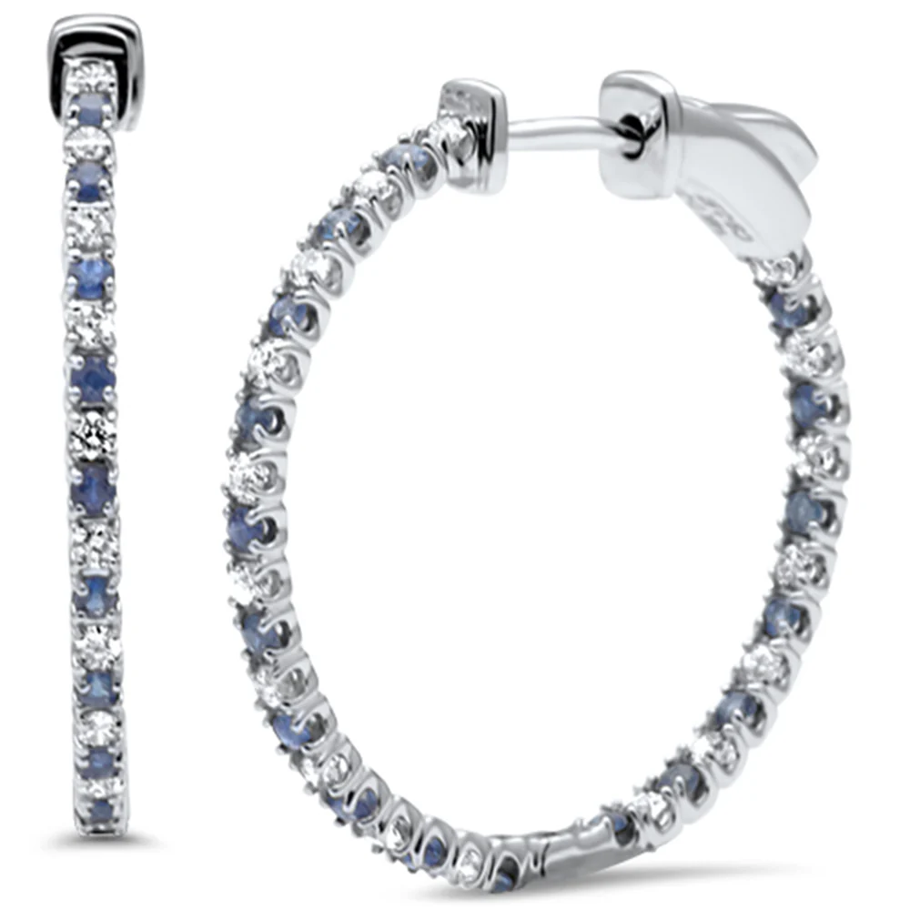 <span style="color:purple">SPECIAL!</span>1.17ct G SI 14K White Gold Diamond & Blue Sapphire Hoop Earrings