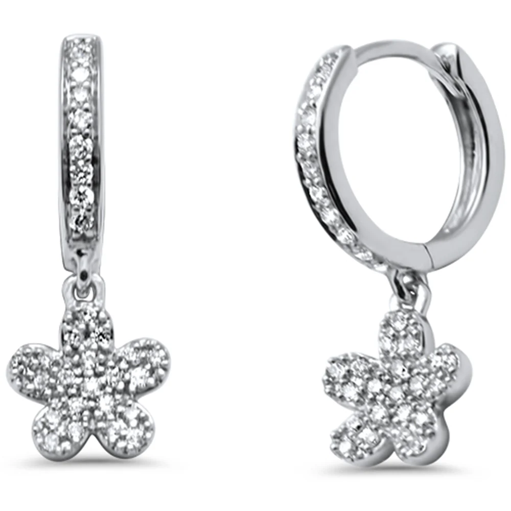 <span style="color:purple">SPECIAL!</span> .18ct G SI 14K White Gold Diamond Flower Petite Hoop Earrings Post & Click