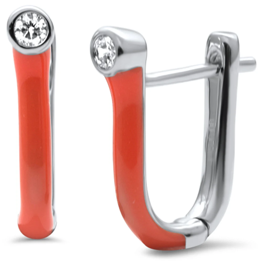 .08ct G SI 14K White Gold Diamond & Orange Enamel Hoop Earrings