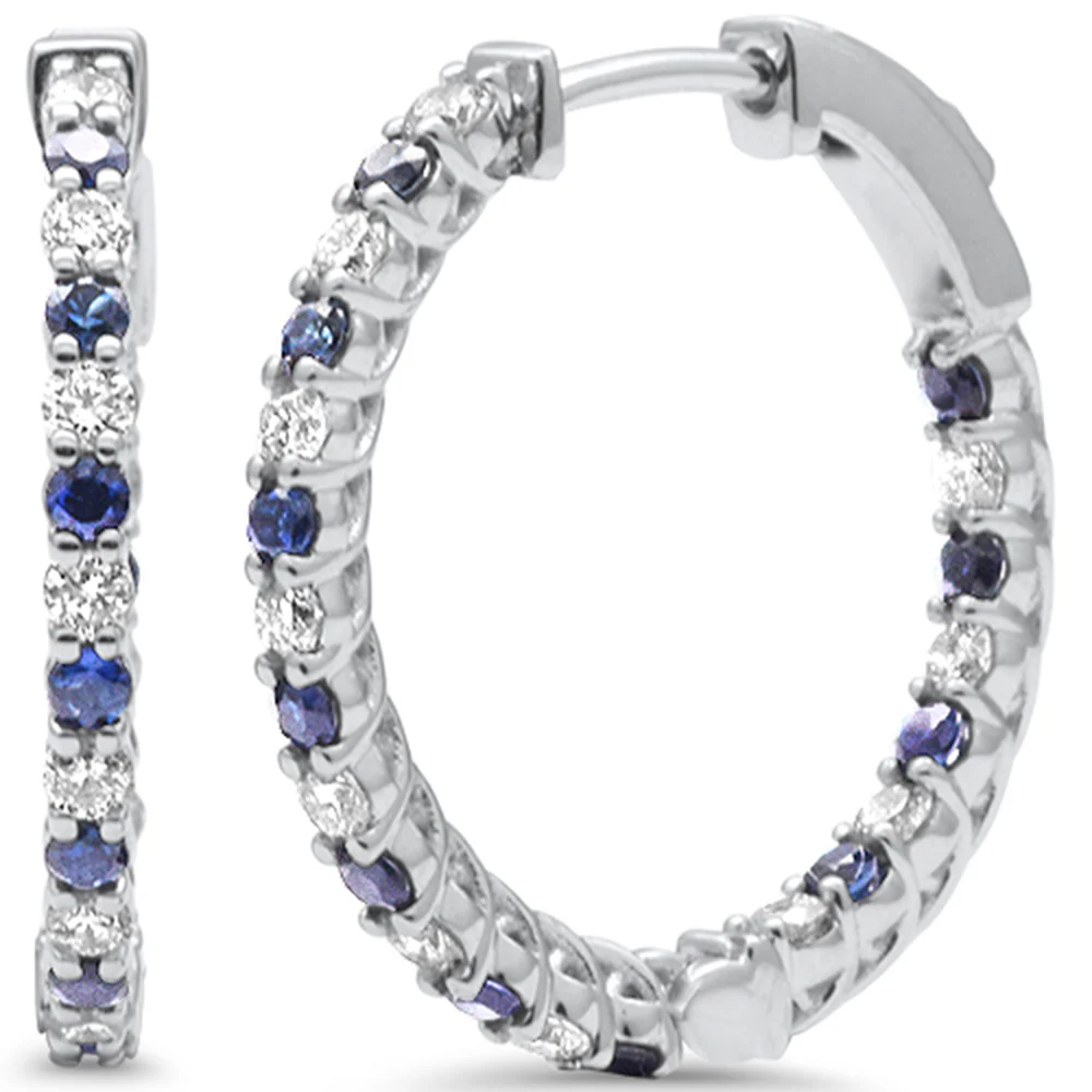 <span style="color:purple">SPECIAL!</span> 1.14ct G SI 14K White Gold Diamond & Blue Sapphire Hoop Earrings