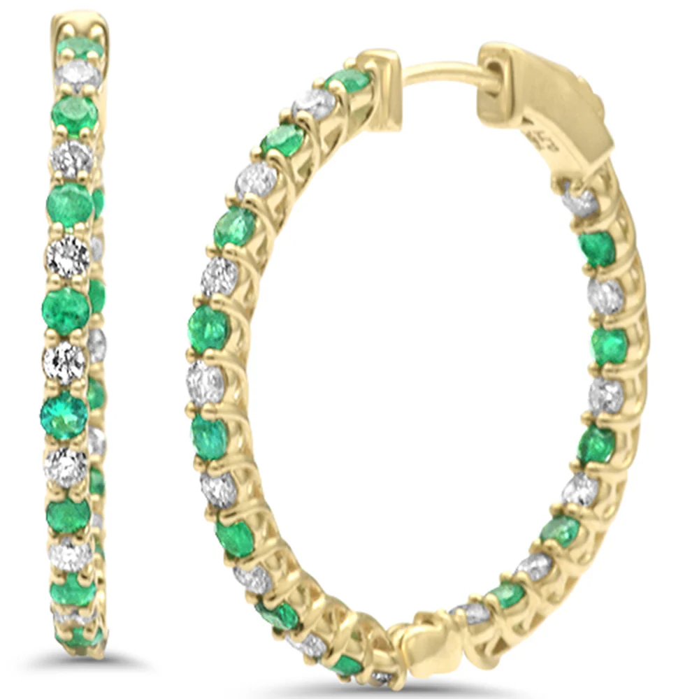 <span style="color:purple">SPECIAL!</span> 1.41ct G SI 14K Yellow Gold Diamond & Emerald Hoop Earrings