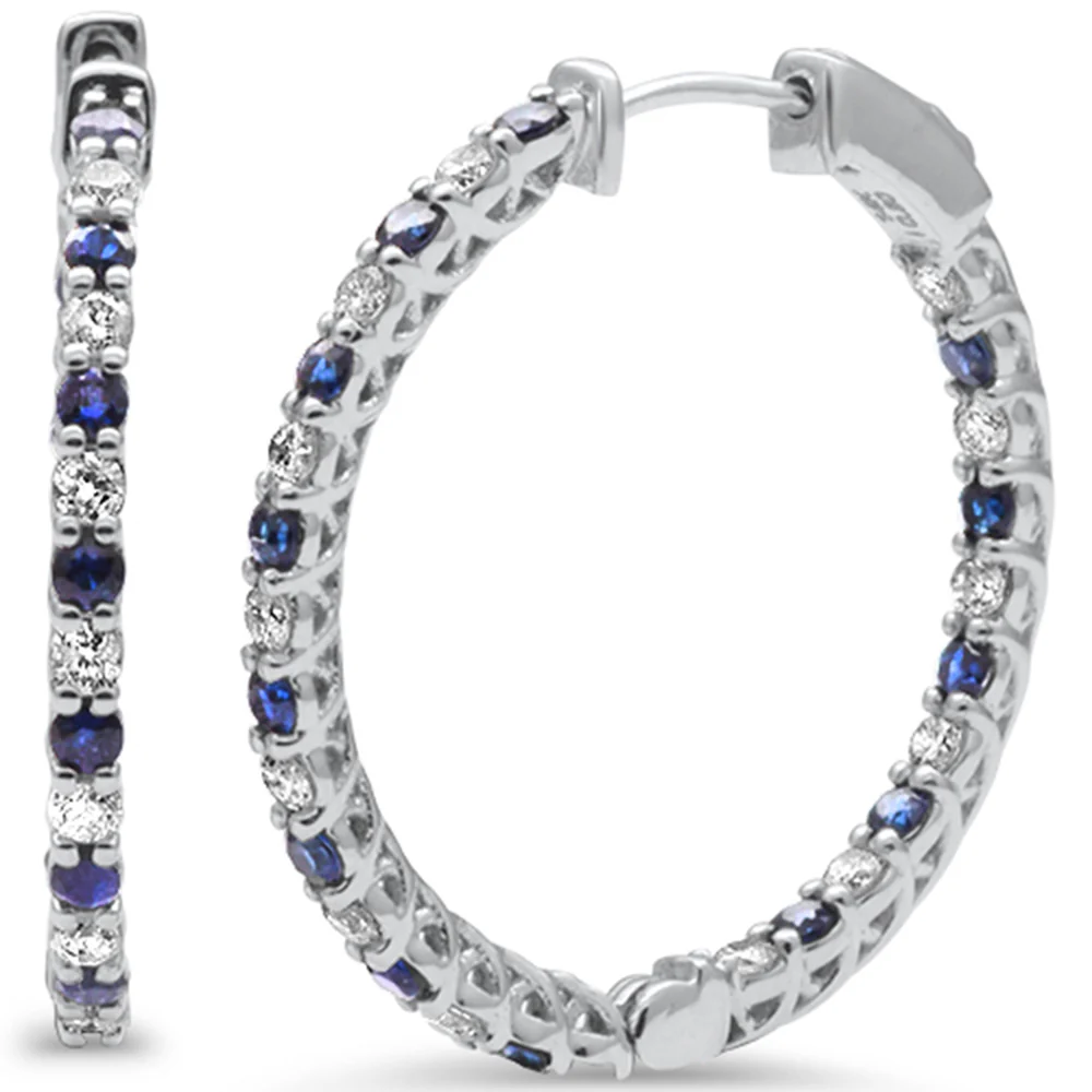 <span style="color:purple">SPECIAL!</span> .71ct G SI 14K White Gold Diamond & Blue Sapphire Hoop Earrings