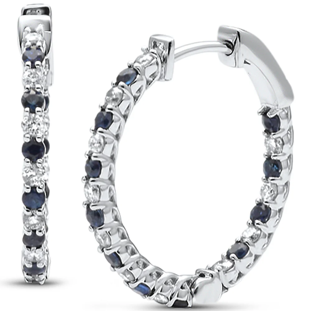 <span style="color:purple">SPECIAL!</span> .86ct G SI 14K White Gold Diamond Blue Sapphire Hoop Earrings