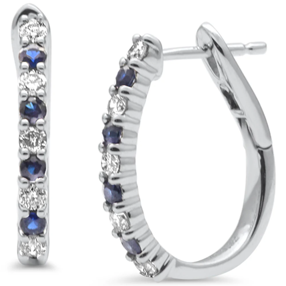 <span style="color:purple">SPECIAL!</span> .64ct G SI 14K White Gold Diamond & Blue Sapphire J Hoop Earrings