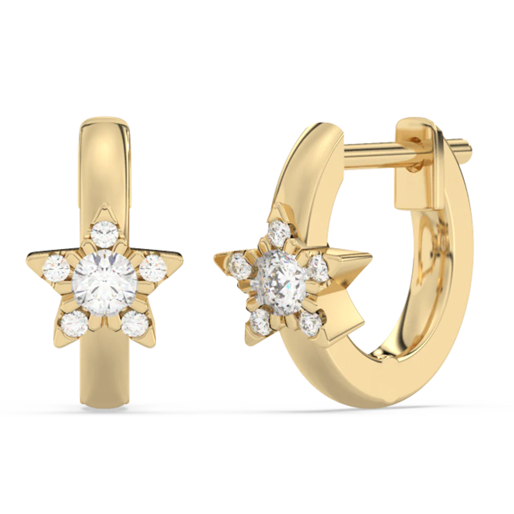 <span style="color:purple">SPECIAL!</span>.18ct G SI 14K Yellow Gold Diamond Star Petite Hoop Earrings