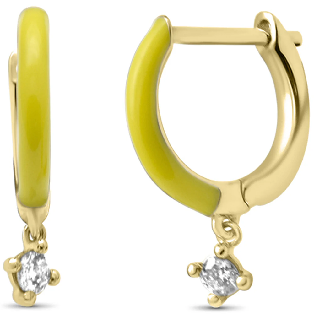 .08ct G SI 14K Yellow Gold Diamond Petite Yellow Enamel Hoop Earrings