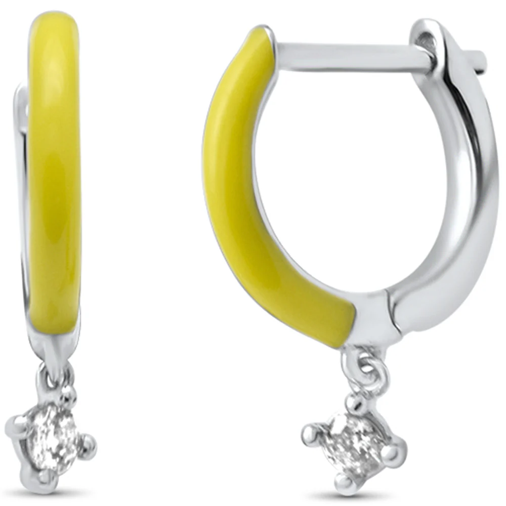 .08ct G SI 14K White Gold Diamond & Yellow Enamel Hoop Earrings