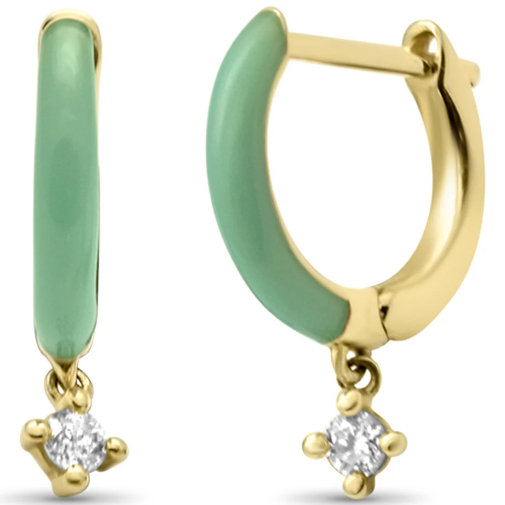 .08ct G SI 14K Yellow Gold Diamond Petite Turquoise Enamel Hoop Earrings