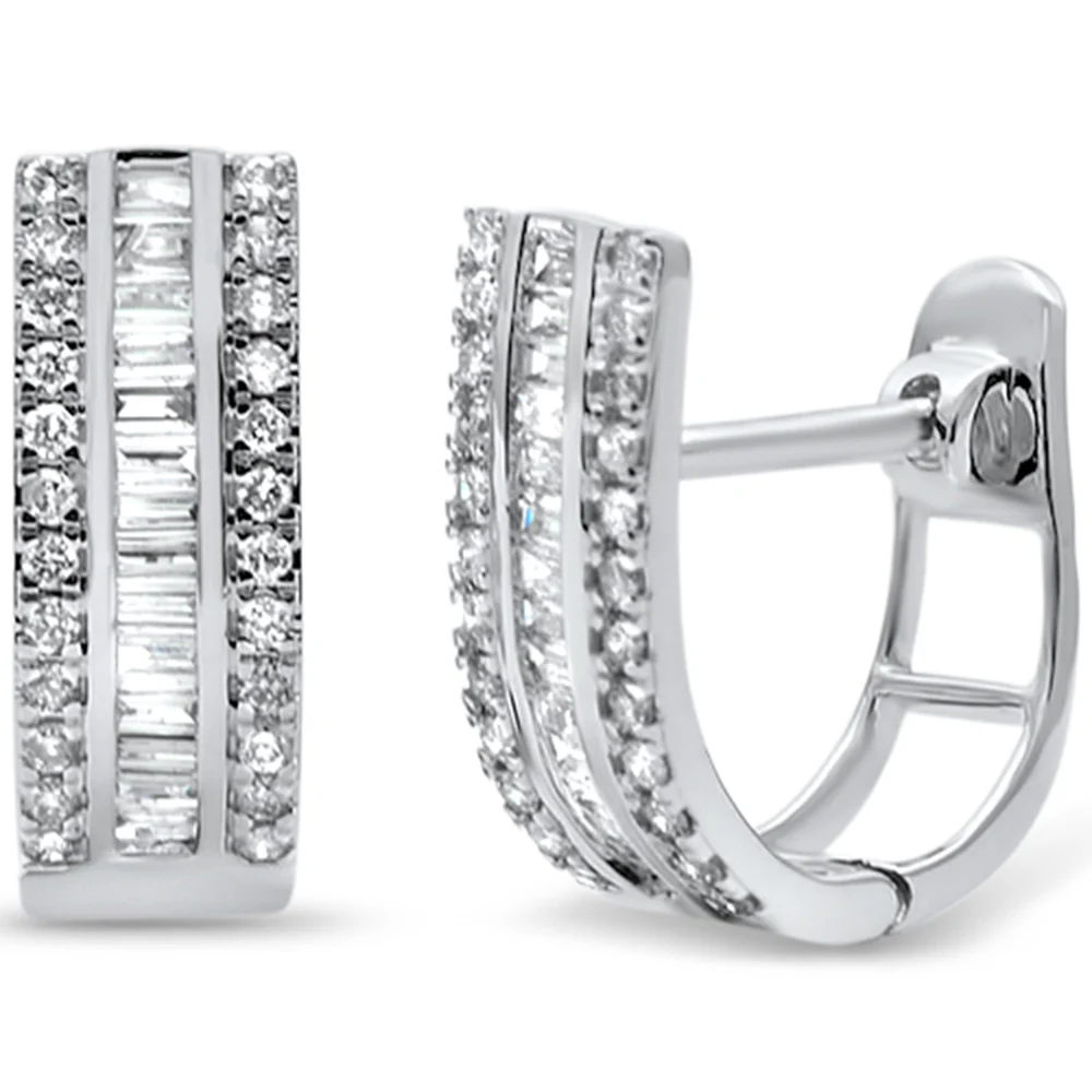 <span style="color:purple">SPECIAL!</span>.53ct G SI 14K White Gold Round & Baguette Diamond J Hoop Earrings