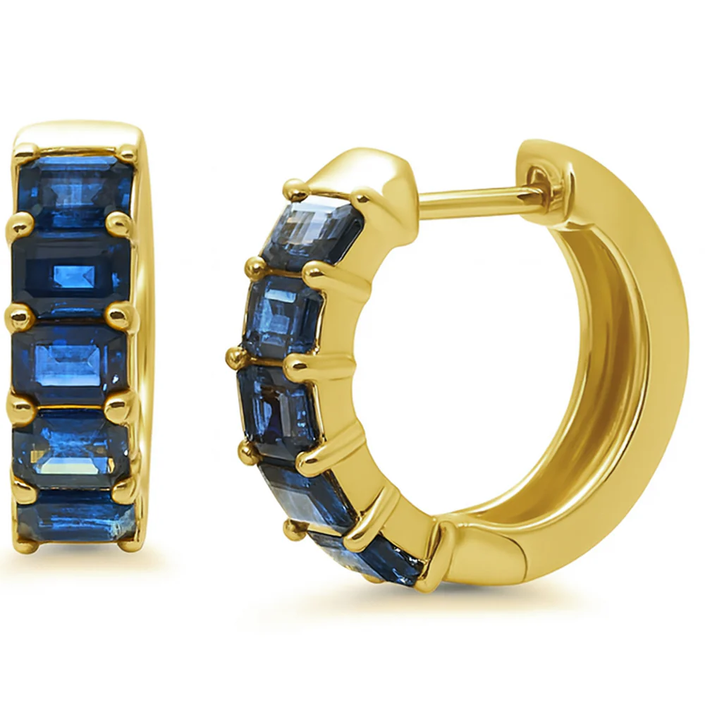 <span style="color:purple">SPECIAL!</span> 2.80ct G SI 14K Yellow Gold Emerald Cut Blue Sapphire Gemstones Hoop Huggie Earrings