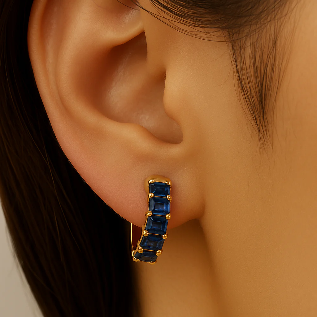 <span style="color:purple">SPECIAL!</span> 2.80ct G SI 14K Yellow Gold Emerald Cut Blue Sapphire Gemstones Hoop Huggie Earrings - Image 2
