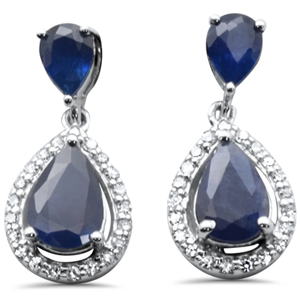 <span style="color:purple">SPECIAL!</span>1.23ct G SI 14K White Gold Diamond Pear Shape & Blue Sapphire Gemstones Earrings