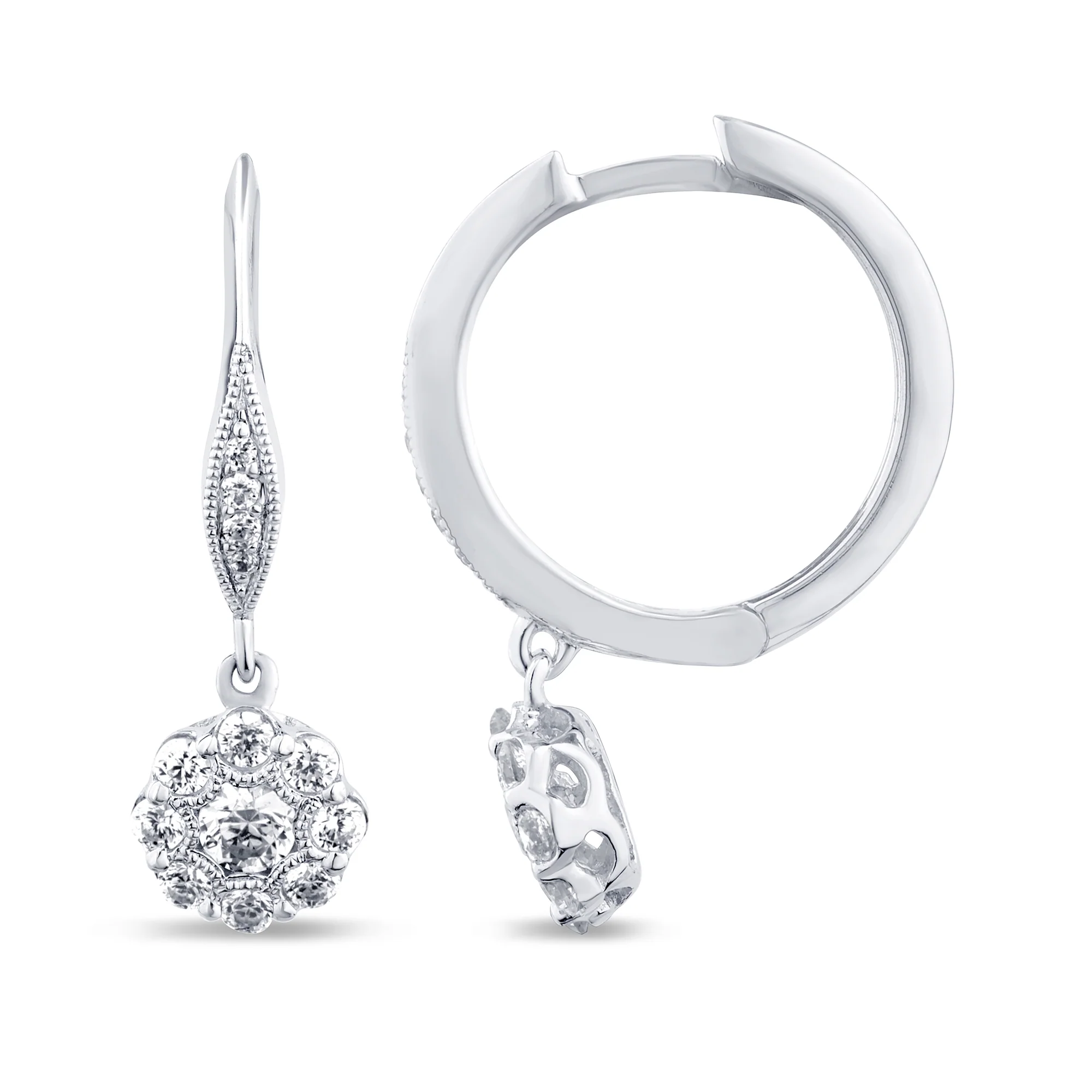 <span style="color:purple">SPECIAL!</span> .53ct G SI 14K White Gold Diamond Flower Dangling Hoop Earrings