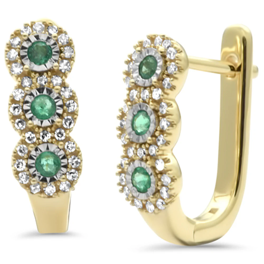 <span style="color:purple">SPECIAL!</span>.31ct G SI 14K Yellow Gold Diamond & Emerald Gemstones Hoop Earrings