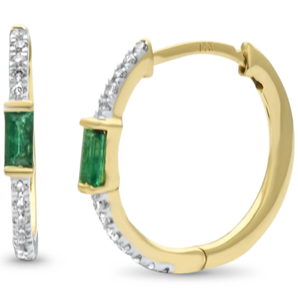 <span style="color:purple">SPECIAL!</span> .36ct G SI 14K Yellow Gold Diamond & Emerald Gemstone Hoop Earrings