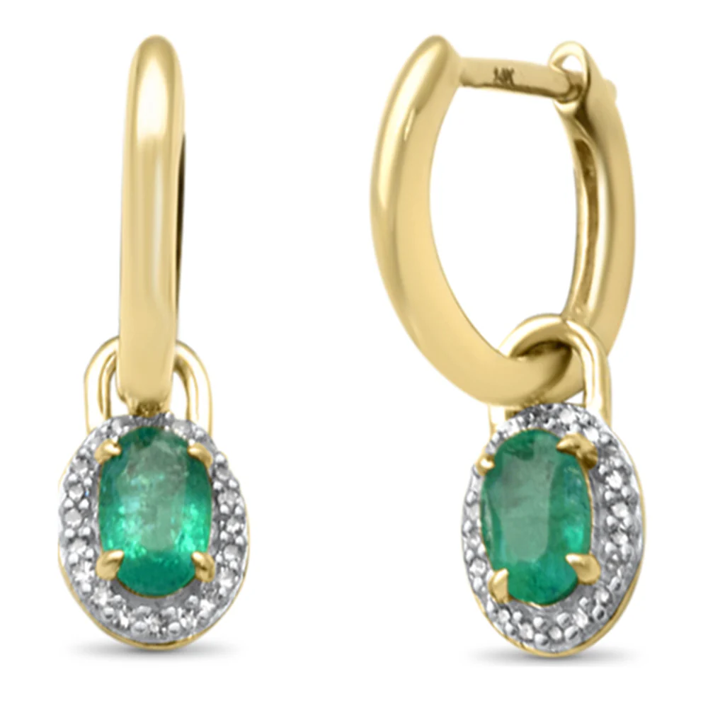 <span style="color:purple">SPECIAL!</span>.55ct G SI 14K Yellow Gold Diamond & Emerald Gemstones Dangling Hoop Earrings