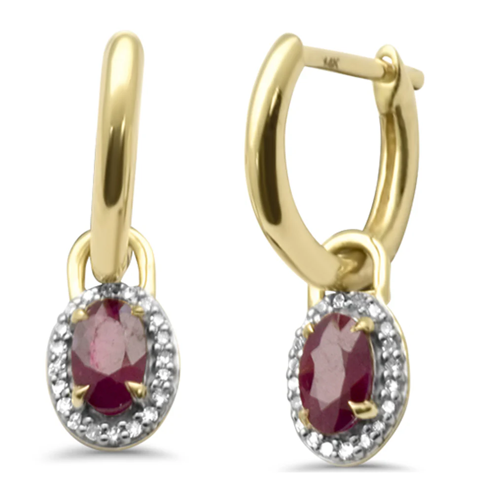 <span style="color:purple">SPECIAL!</span> .73ct G SI 14K Yellow Gold Diamond & Ruby Gemstones Dangling Hoop Earrings