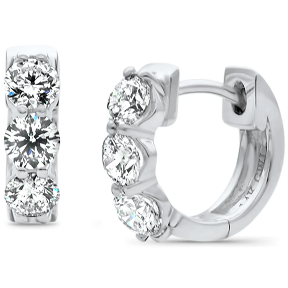 <span style="color:purple">SPECIAL!</span> 1.20ct G SI 14K White Gold Round Diamond 3-Stone Hoop Huggie Earrings