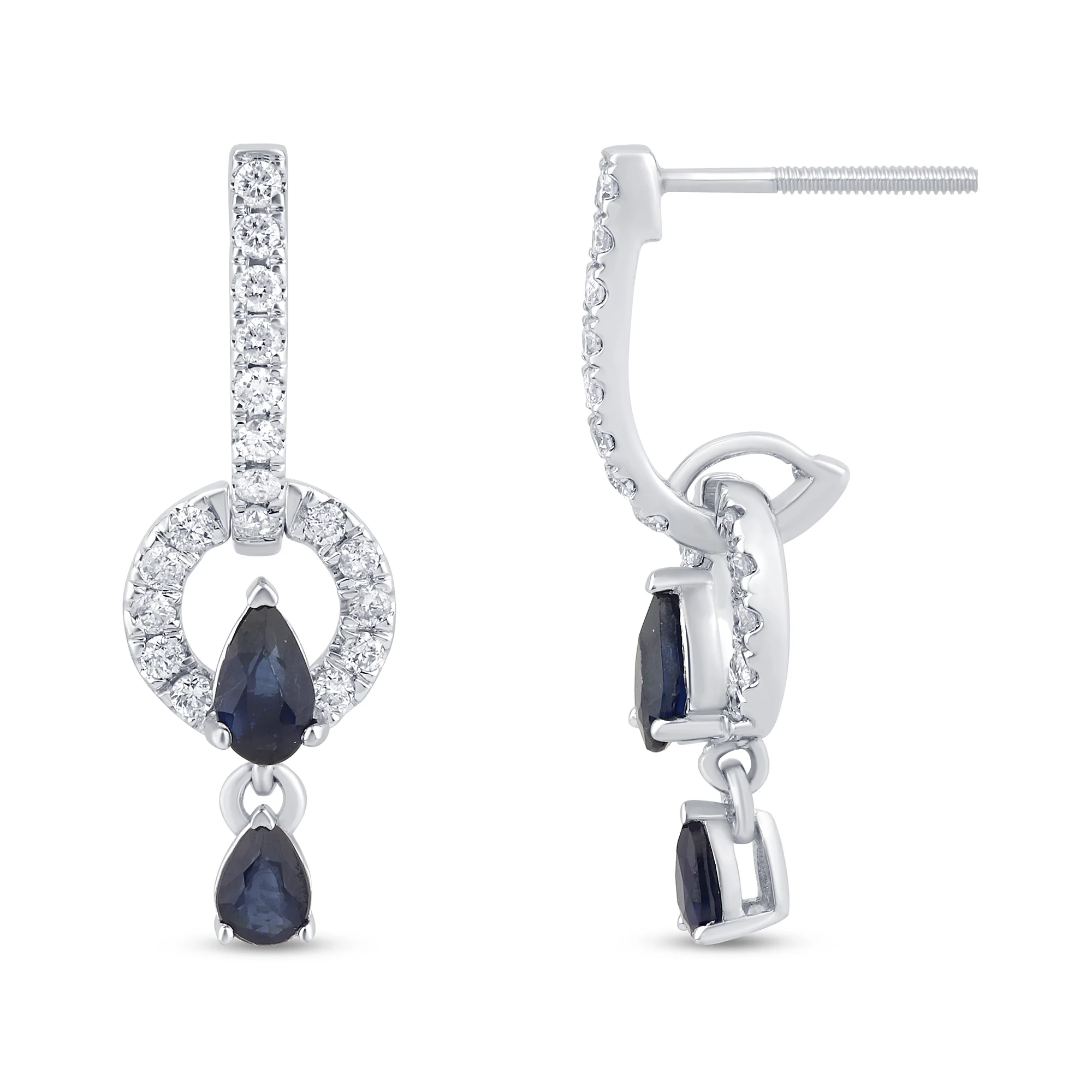 <span style="color:purple">SPECIAL!</span> 1.27ct G SI 14K White Gold Diamond & Blue Sapphire Gemstones Drop Dangle Earrings