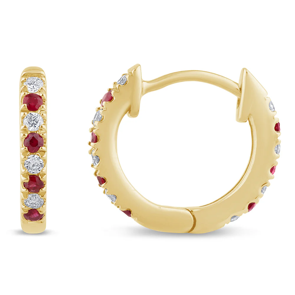 .33ct G SI 14K Yellow Gold Diamond & Ruby Gemstones Petite Hoop Earrings