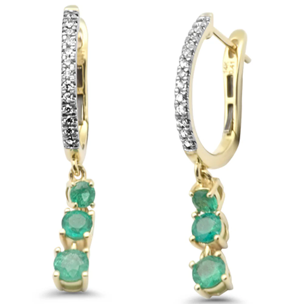 <span style="color:purple">SPECIAL!</span>.89ct G SI 14K Yellow Gold Diamond & Emerald Gemstones Drop Hoop Earrings