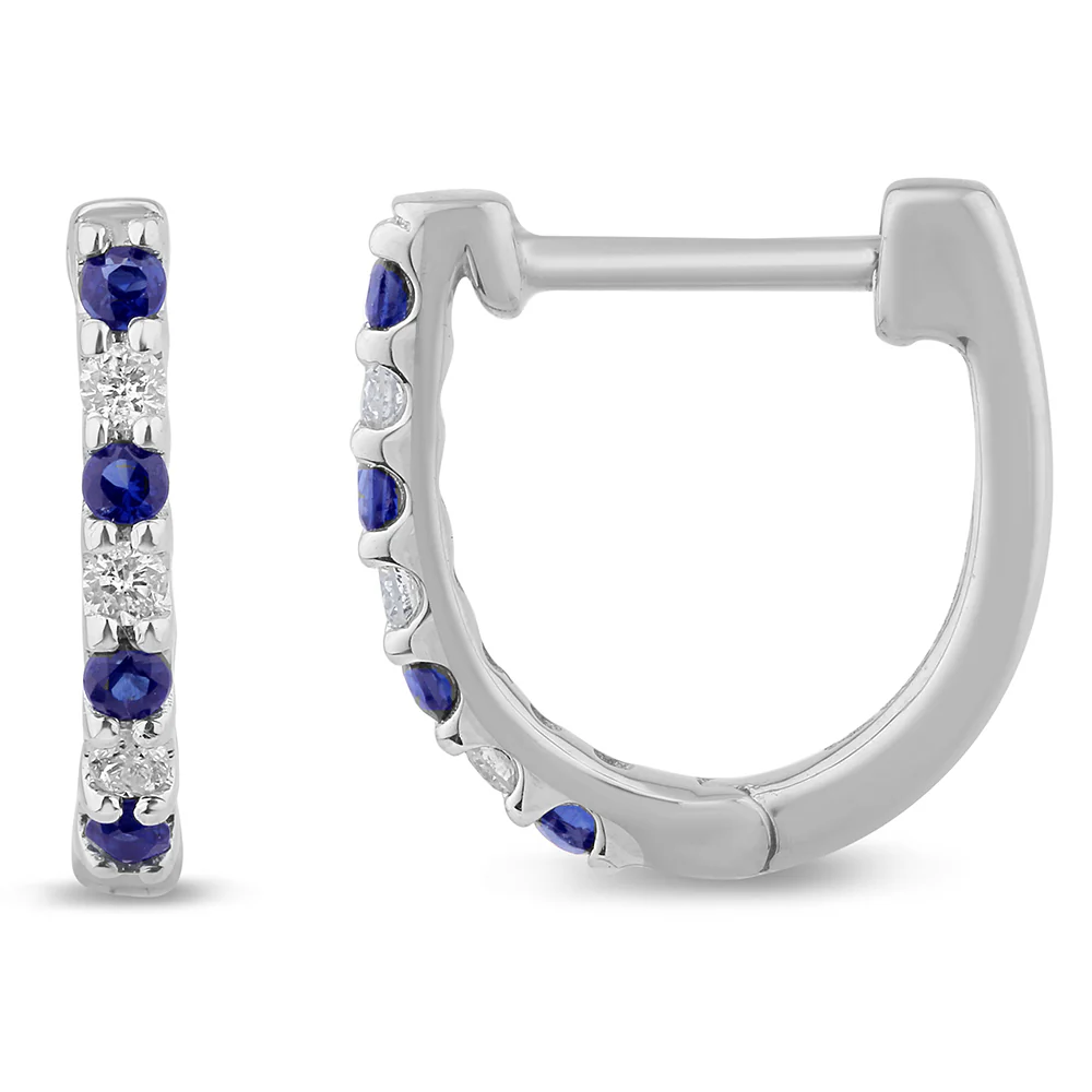 <span style="color:purple">SPECIAL!</span> .28ct G SI 14K White Gold Diamond & Blue Sapphire Gemstones Hoop Earrings