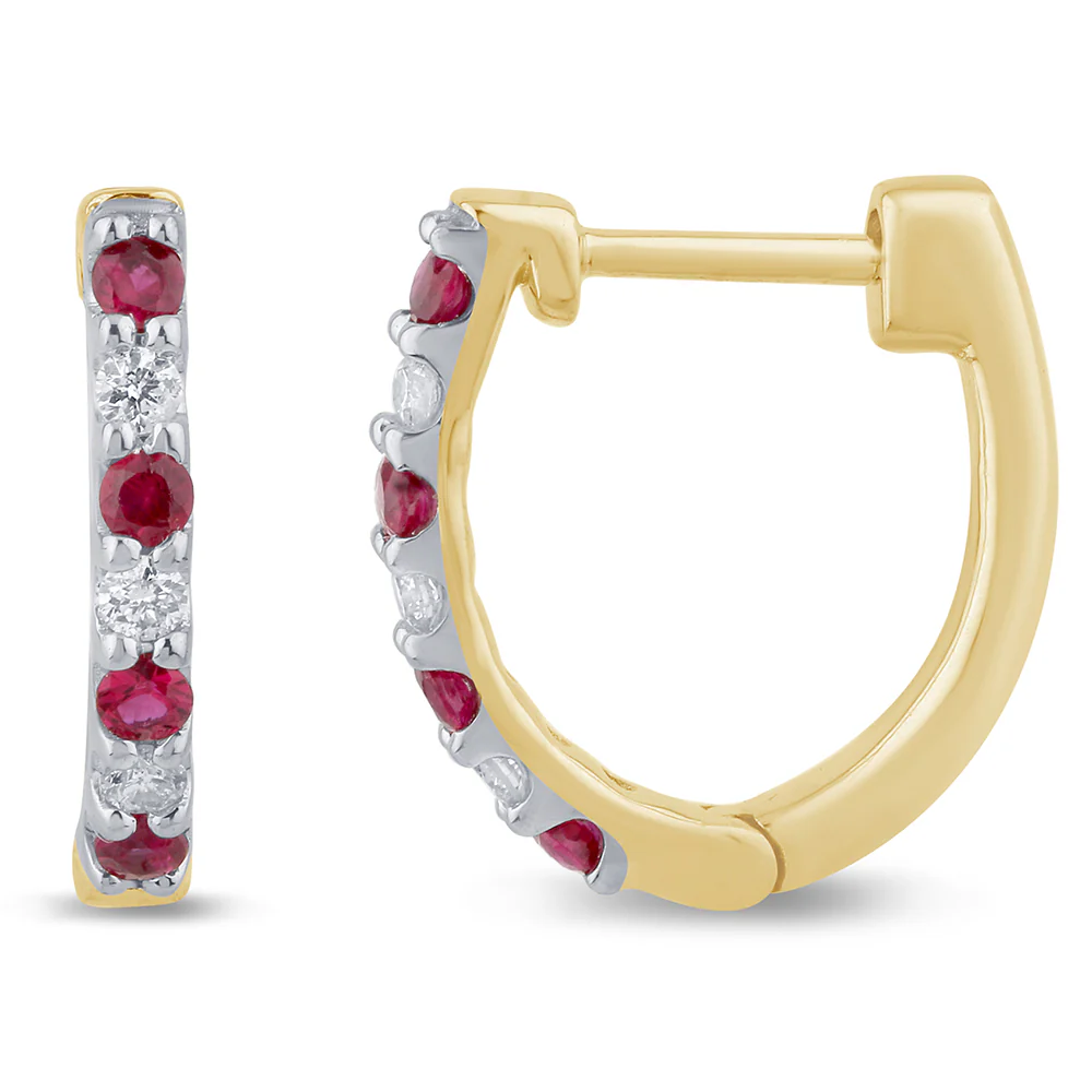 .24ct G SI 14K Yellow Gold Diamond & Ruby Gemstones Hoop Earrings