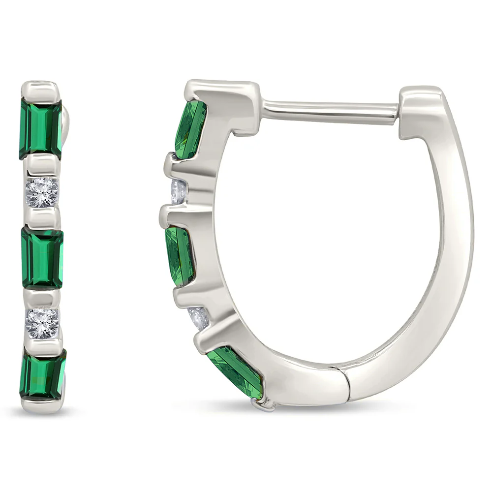 <span style="color:purple">SPECIAL!</span> .25ct G SI 14K White Gold Diamond & Natural Emerald Gemstones Hoop Earrings