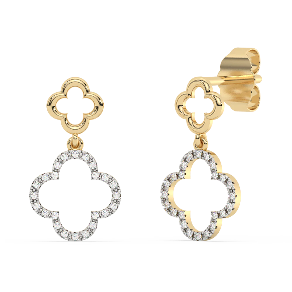 .10ct G SI 14K Yellow Gold Diamond Clover Dangling Earrings