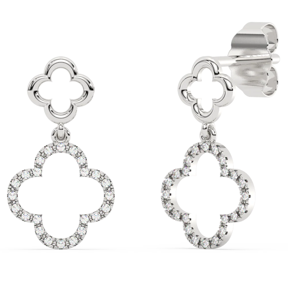 .10ct G SI 14K White Gold Diamond Clover Dangling Earrings