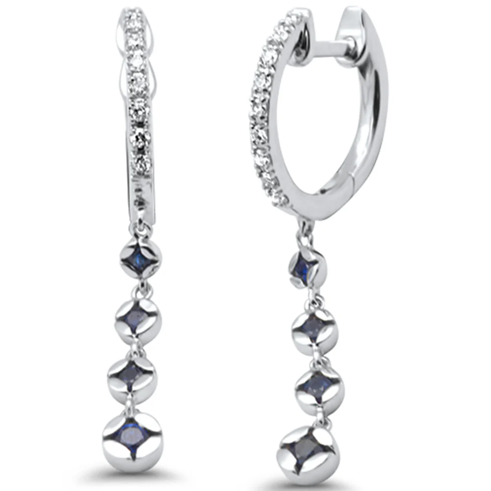 <span style="color:purple">SPECIAL!</span> .39 G SI 14K White Gold Diamond Blue Sapphire Gemstones Dangling Hoop Earrings