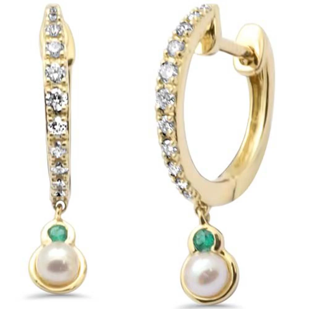 <span style="color:purple">SPECIAL!</span>.19ct G SI 14K Yellow Gold Diamond Emerald Gemstone & Pearl Dangling Hoop Earrings