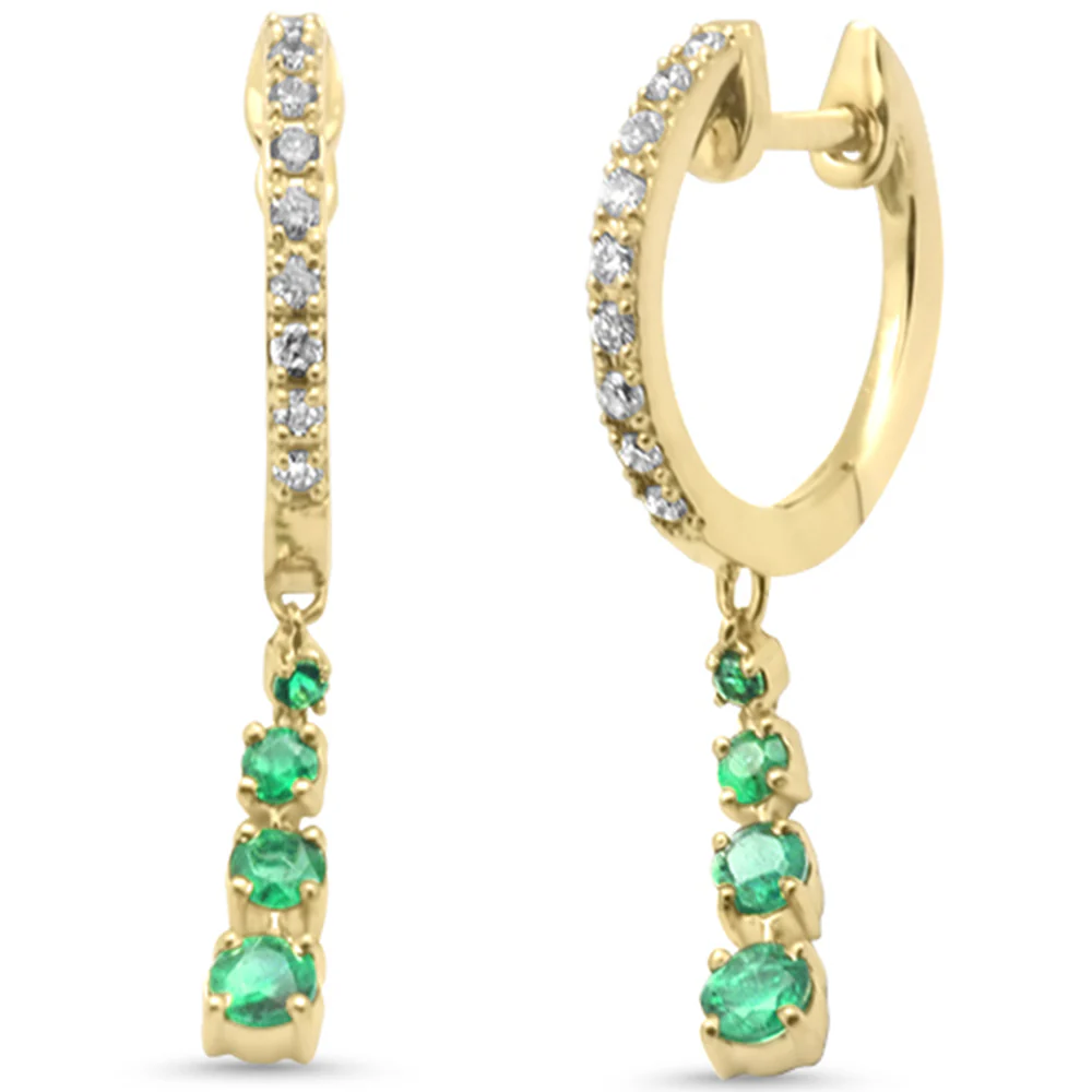 <span style="color:purple">SPECIAL!</span> .44ct G SI 14K Yellow Gold Diamond & Emerald Gemstones Dangling Hoop Earrings