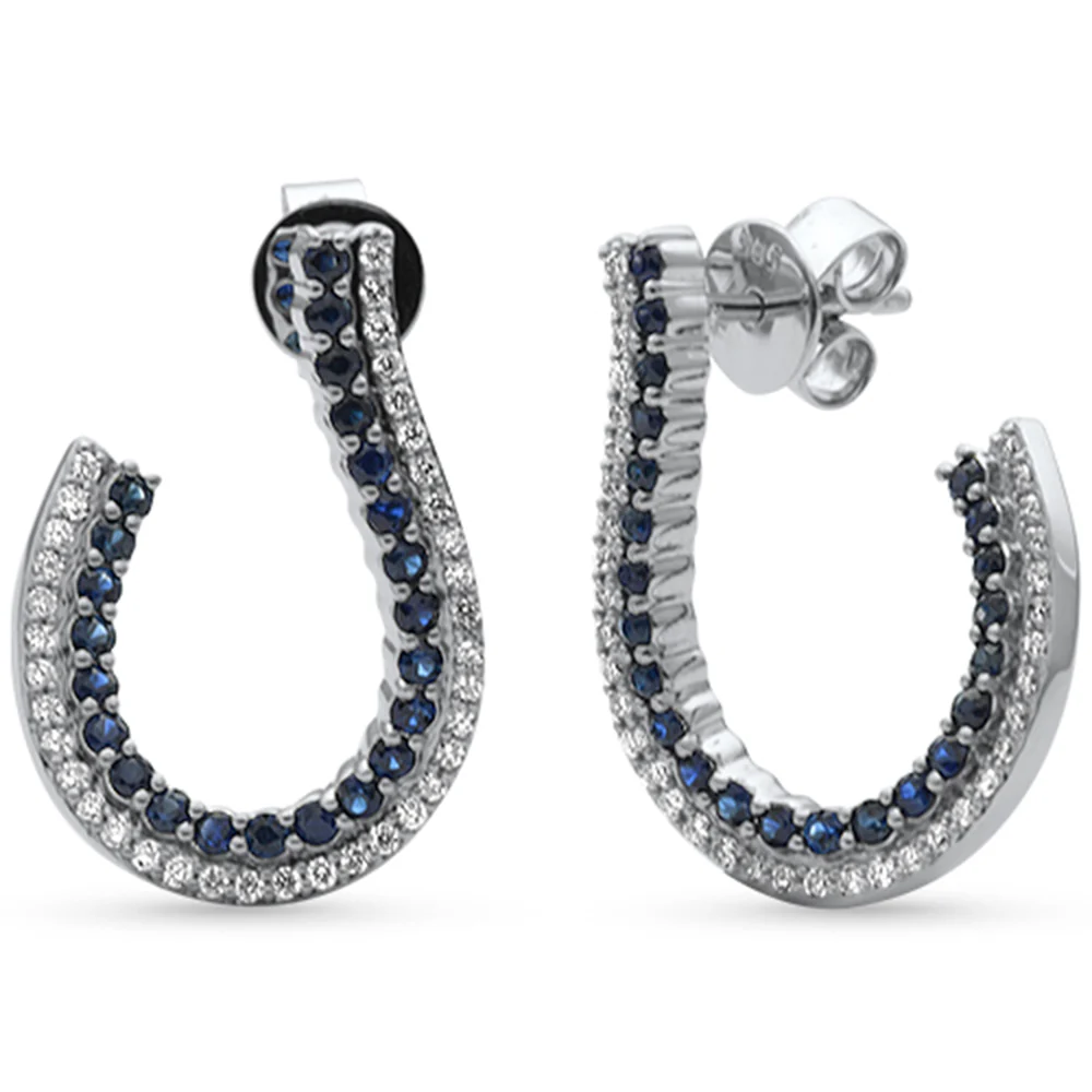 <span style="color:purple">SPECIAL!</span>1.08ct G SI 14K White Gold Diamond & Blue Sapphire J Hoop Earrings