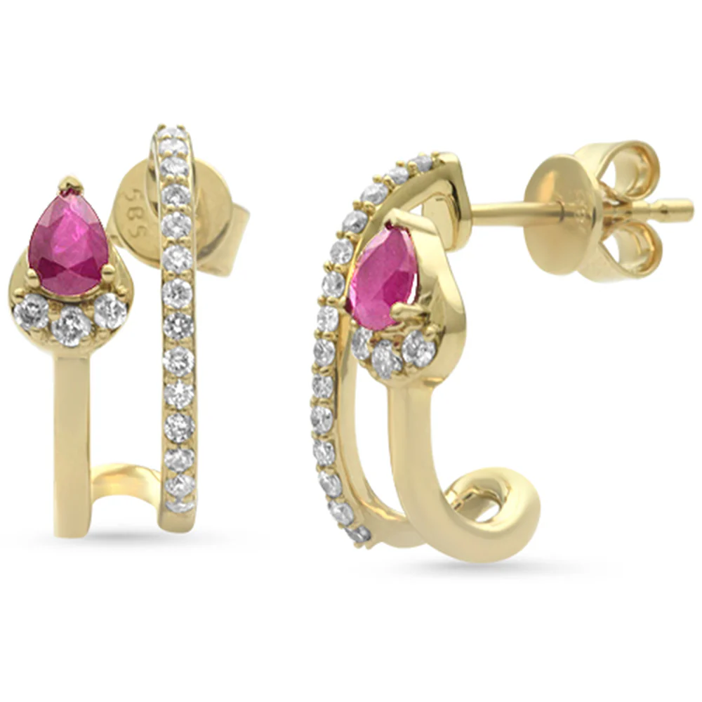 <span style="color:purple">SPECIAL!</span> .62ct G SI 14K Yellow Gold Diamond & Ruby Gemstones Double Shank J Hoop Earrings