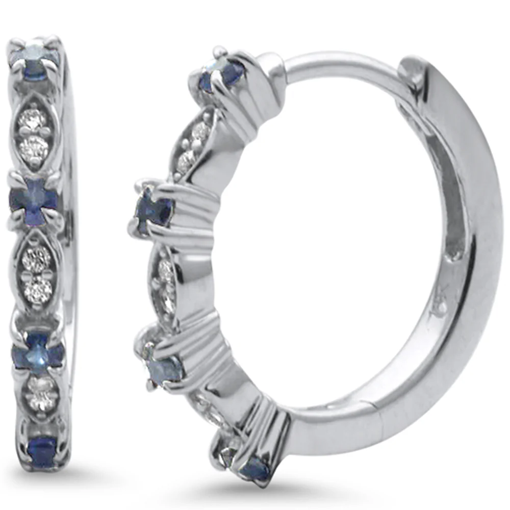 <span style="color:purple">SPECIAL!</span> .28ct G SI 14K White Gold Diamond & Blue Sapphire Gemstone Petite Hoop Earrings