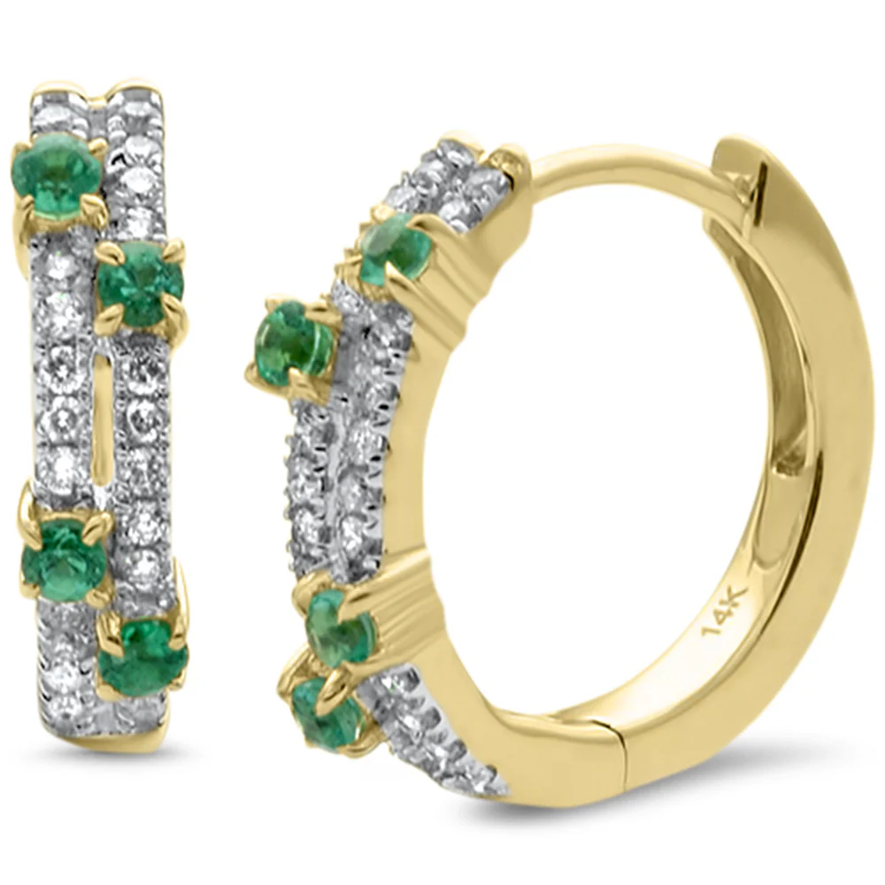 <span style="color:purple">SPECIAL!</span> .43ct G SI 14K Yellow Gold Diamond & Emerald Gemstones Hoop Earrings