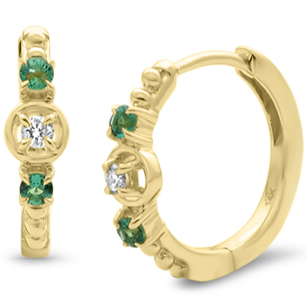 <span style="color:purple">SPECIAL!</span> .19ct G SI 14K Yellow Gold Diamond & Emerald Gemstones Hoop Earrings