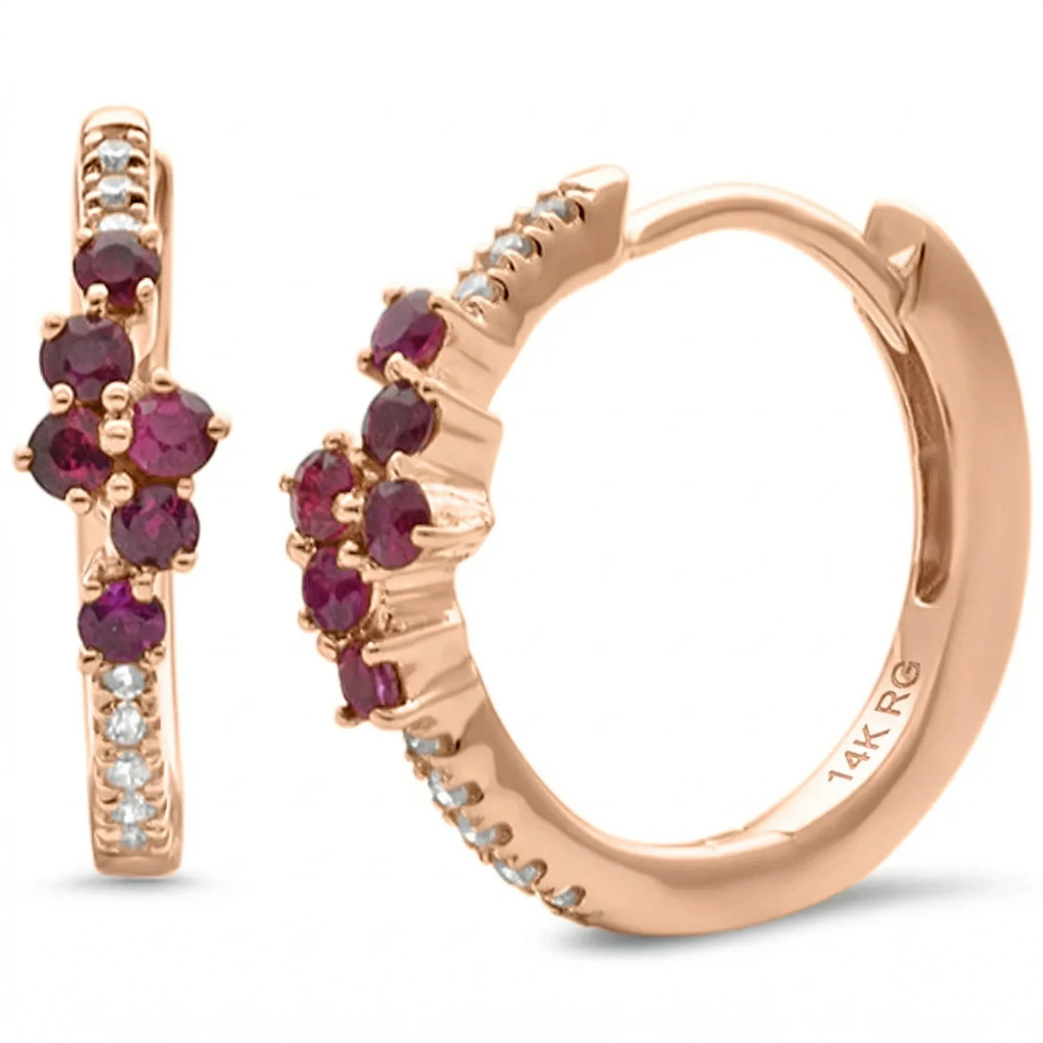 <span style="color:purple">SPECIAL!</span> .36ct G SI 14K Rose Gold Diamond & Ruby Gemstones Hoop Earrings