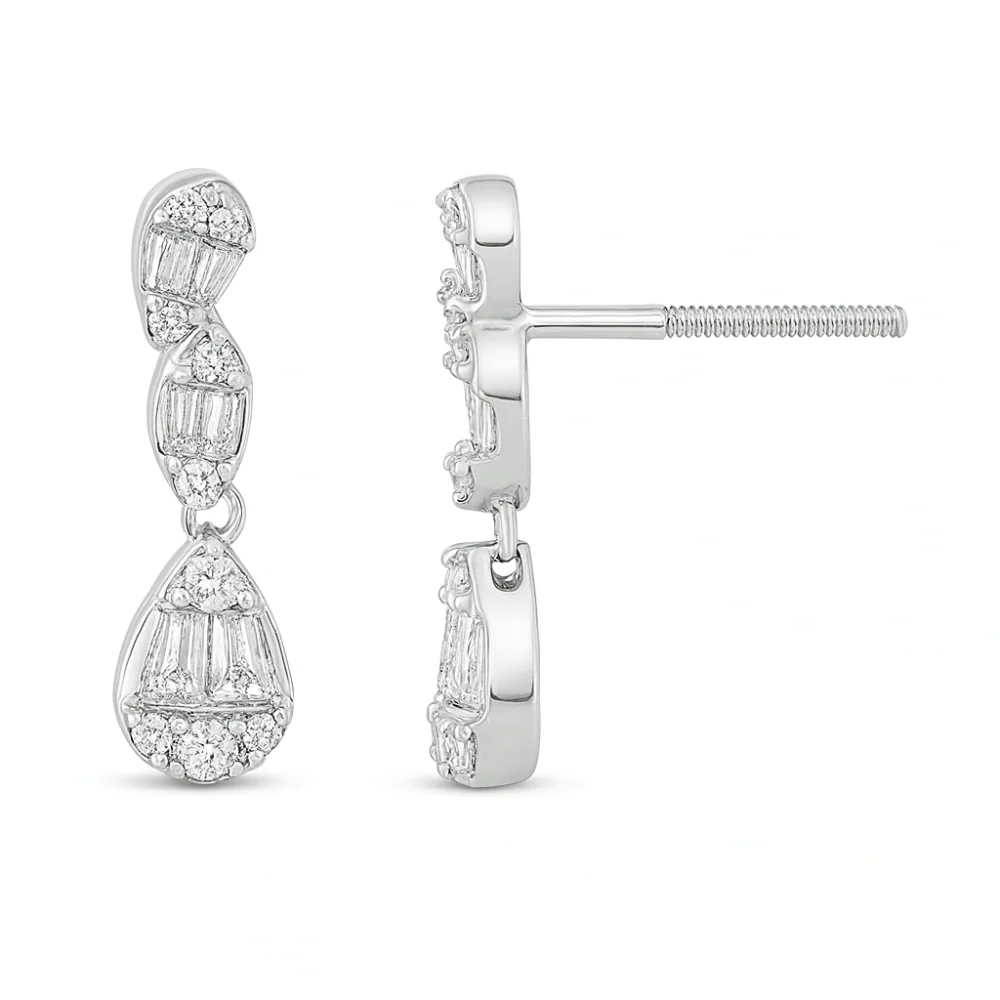 <span style="color:purple">SPECIAL!</span> .38ct G SI 14K White Gold Round & Baguette Diamond Dangle Earrings - Image 2
