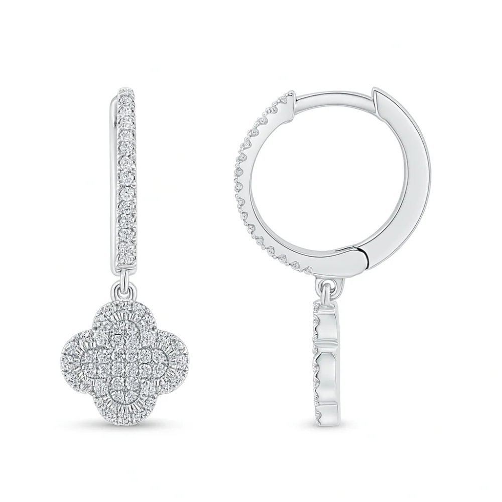 <span style="color:purple">SPECIAL!</span> .16ct G SI 14K White Gold Diamond Clover Dangling Hoop Earrings - Image 2